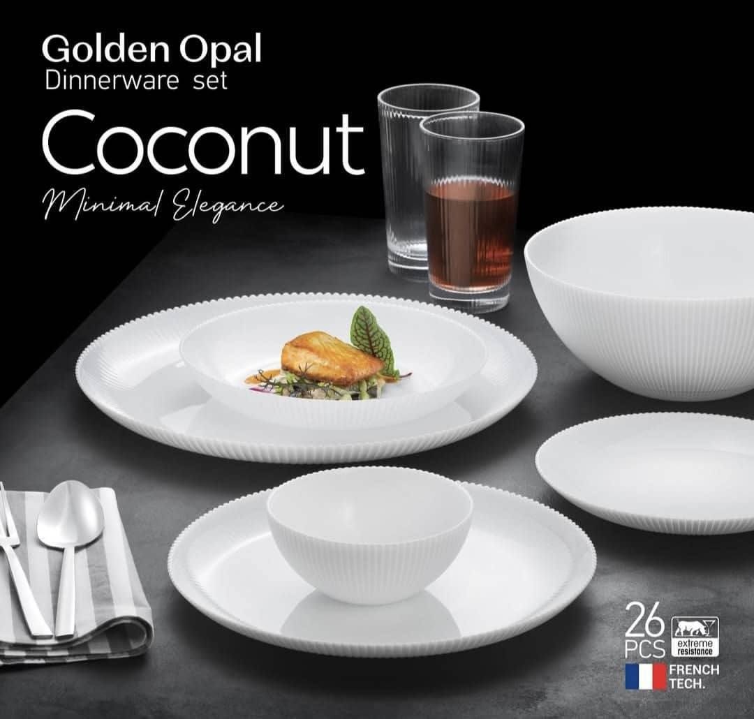 سرویس آرکوپال 26 پارچه گلدن اپال سفید ساده قالب کوکونات